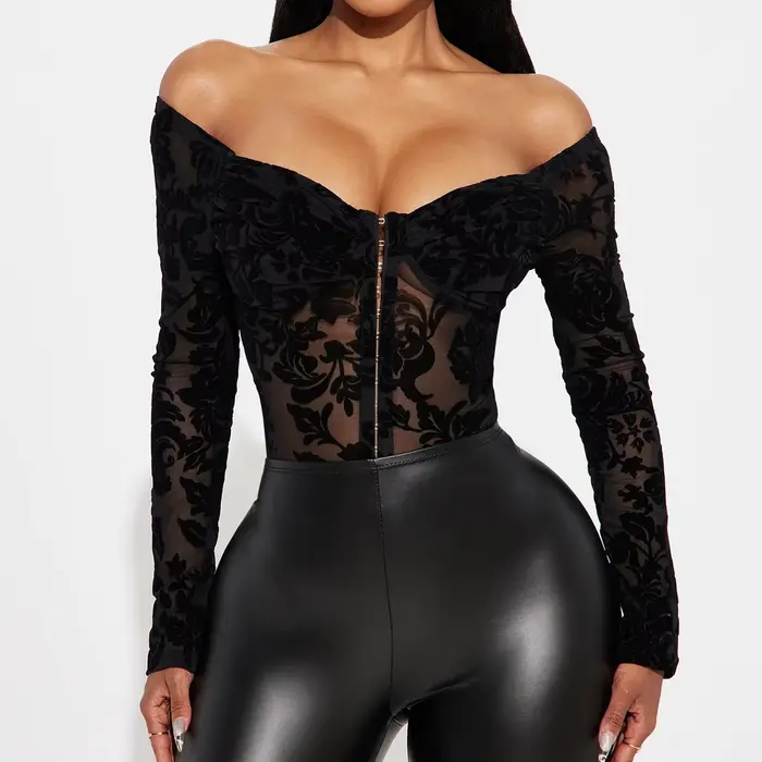 Ellolace Sexy spodná bielizeň Dámske ultra horúce, zmyslové body s dlhými rukávmi a holé ramená, otvorené vnútro, predné uzavretie, zvodné oblečenie pre ženy