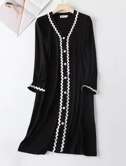 Vêtements de nuit en coton modal à manches longues et col en V pour femmes, robe de nuit en dentelle