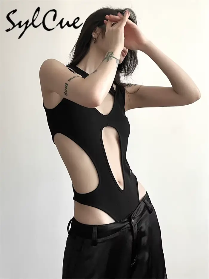 Tajomné čierne Sylcue Sexy diskotéka horúci výstrih Všestranný Cool osobnosť Módny Zrelý krásny obtiahnutý overal