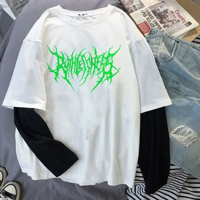 Mode Punk Style foncé imprimé col rond T-shirt Y2K Sport Harajuku mince femmes haut manches longues 