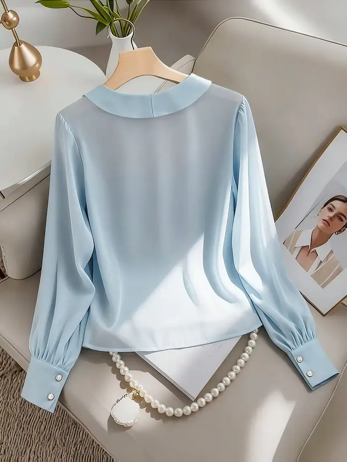 košeľa s dlhým rukávom modrý štýl Hebe pre ženy, elegantný, V-Neck, zoštíhľujúci, s drevom ovplyvneným okrajom, elegantný pre kanceláriu