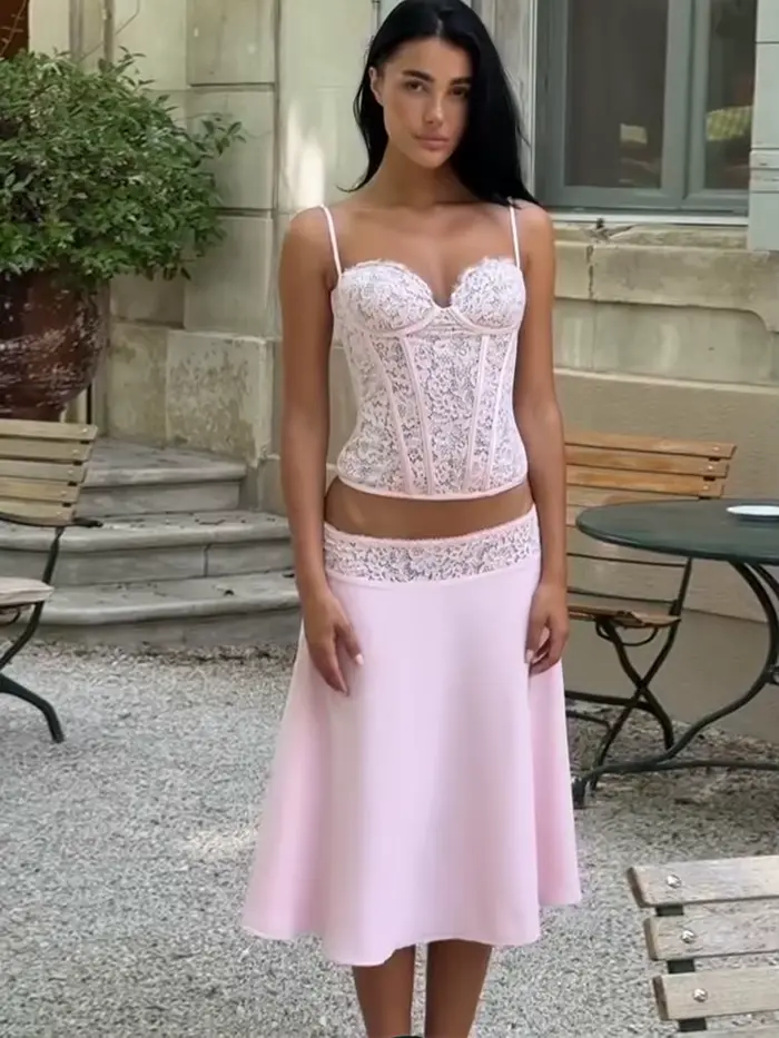 Jemná čipka korzet Set a Midi sukňa namontované bez rukávov - Trendy dvojdielne romantické oblečenie pre ženu leto 2026