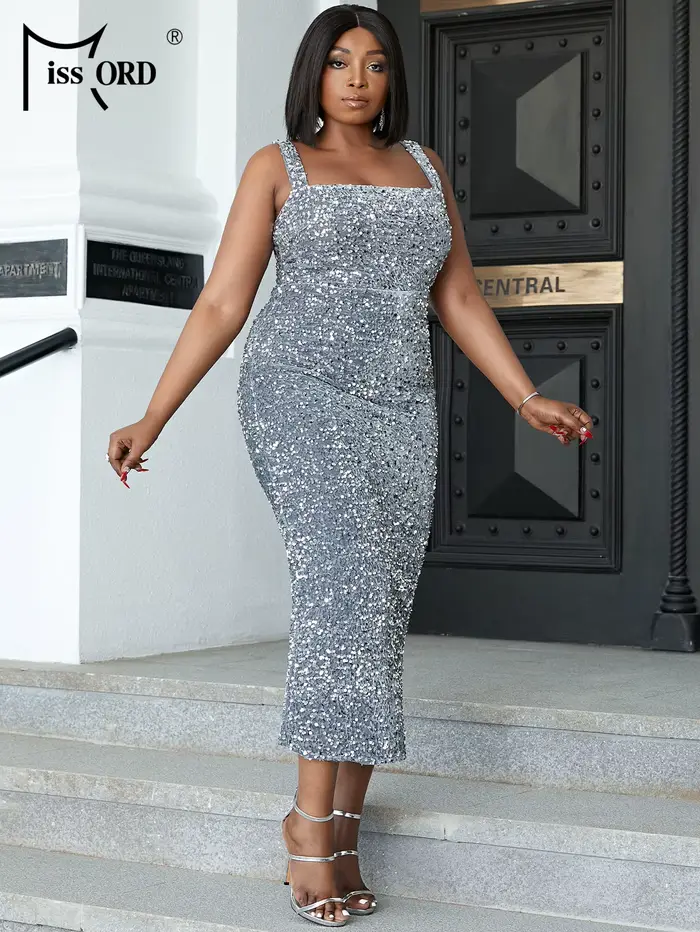 Missord gris paillettes Midi grande taille robe de soirée de mariage femmes élégantes large sangle m