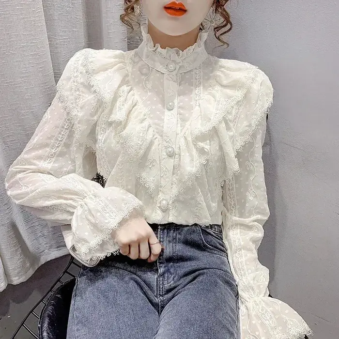 Manches longues lâche printemps mode bouton chemise blanche élégant col montant plissé hauts décontr
