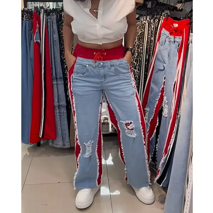 Dámske dlhé džínsy s vysokým opasok a uzly na členky štýl streetwear pre všetky ročné obdobia špeciálne príležitosti