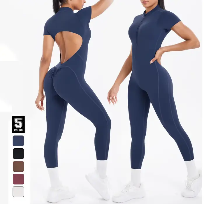 Sexy odhalený chrbát priliehavá Scrunch kombinéza zdvíha zadok ženy tanec Fitness overal Push Up s vankúšikom na prsia