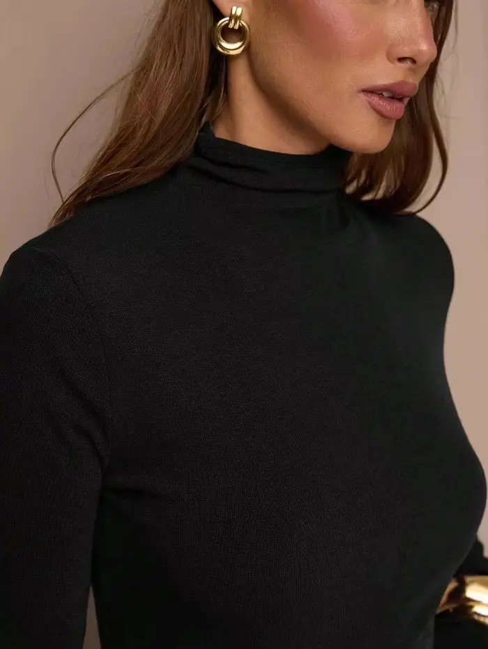Dámske Kim K štýl sculpting body, vysoký golier, dlhý rukáv, tangá fit, pružný, tesný, základný, čierny, na prekrytie