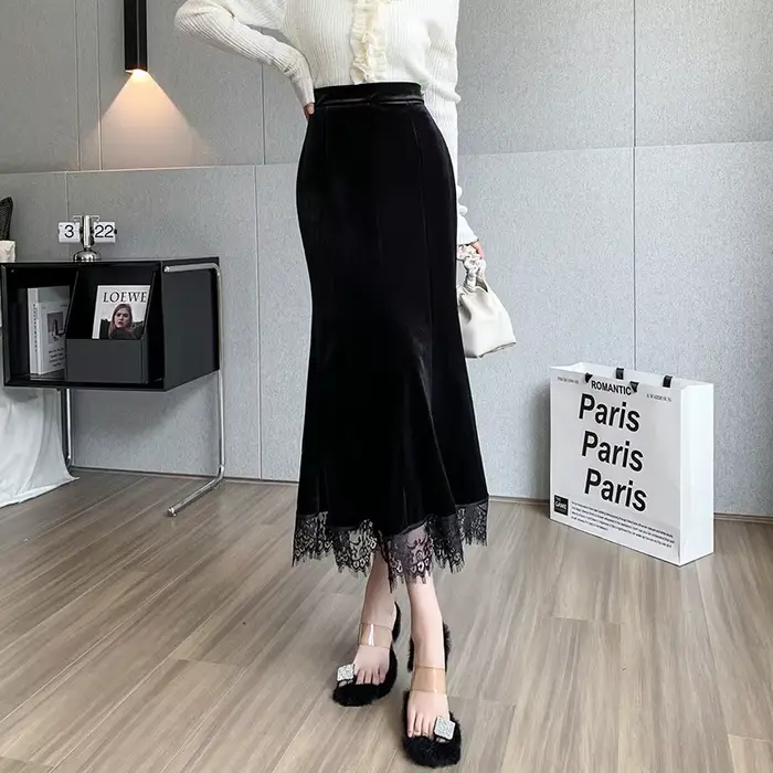 Jupe mi-longue en velours pour femmes, automne 2025, avec pull, dentelle, Patchwork, moulante, fente