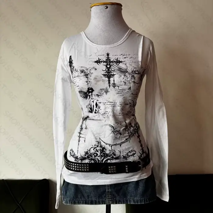 Y2k style esthétique doux et sexy haut à manches longues pour femmes décontracté gothique punk impri