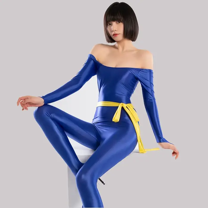 Lesklé hodvábne saténové body s dlhými rukávmi pre ženy, kostým plný bubon, sexy tesné rompers, prst prepichnuté topánky, cosplay, nové