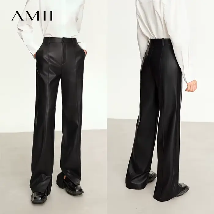 AMII minimaliste en cuir PU pantalons décontractés pour les femmes 2025 automne nouveau ample longue