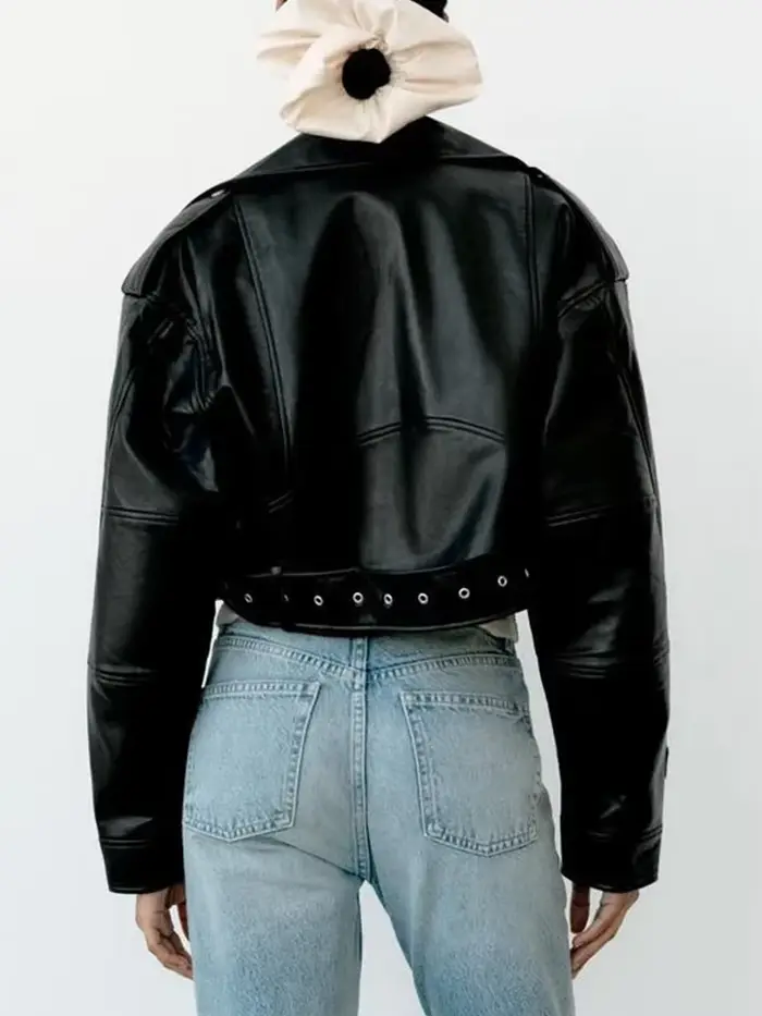 BBWM dámska nadrozmerná vintage voľná PU kožená bunda s opaskom Streetwear retro zips