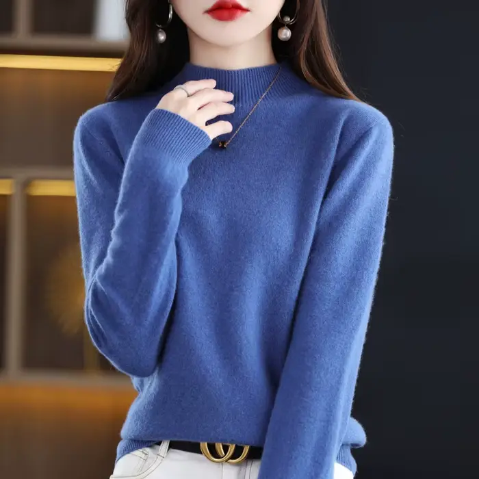 Pull en laine mérinos pour femme, pull sans couture, pull à col mi-haut, base décontractée, cachemir