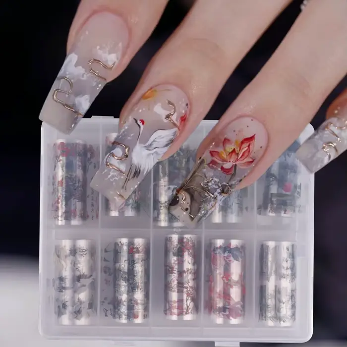 10 pièces feuilles à ongles caractère chinois grue bambou poisson fleur prune autocollant curseur tr