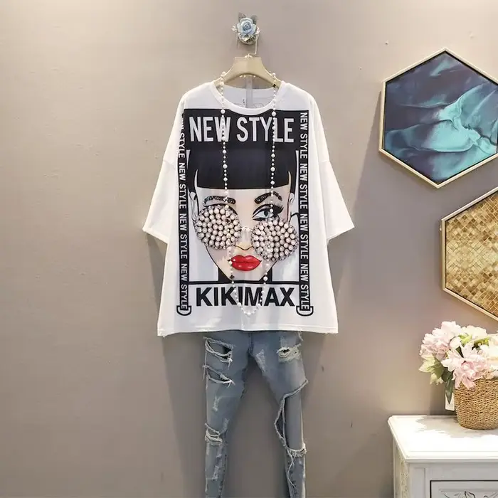 100% coton T-Shirt femmes tendance mode perles T-Shirt coréen dessin animé à manches courtes hauts f