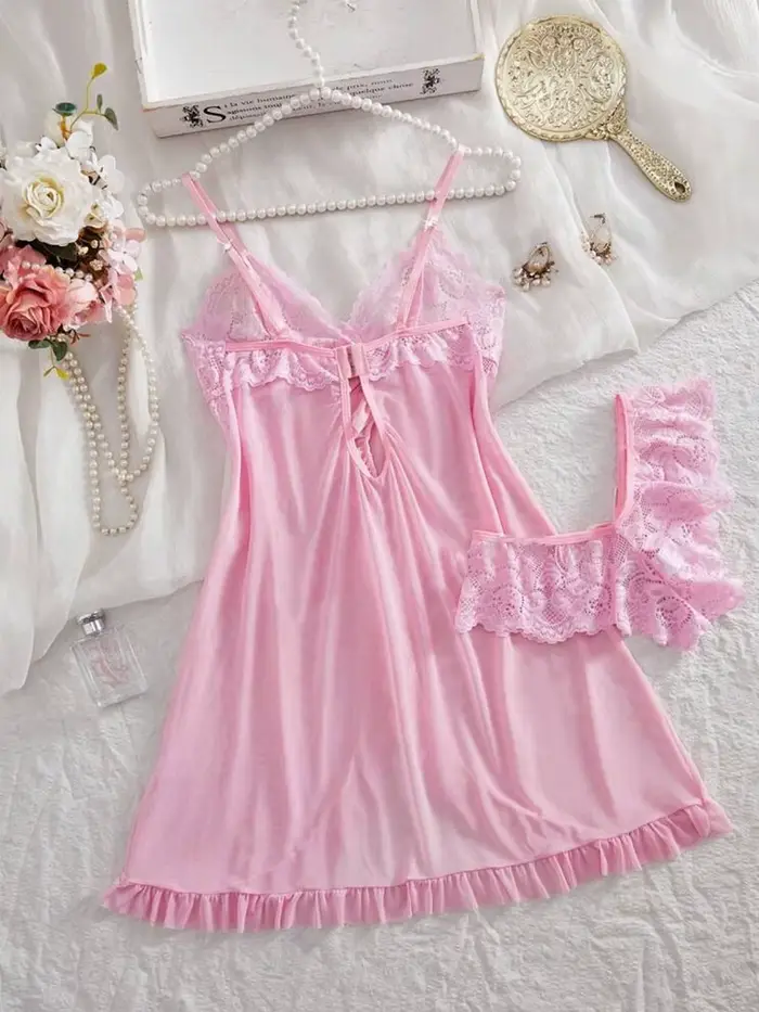 Ružová dámska sada, Sexy Tanga spodná bielizeň, Teddy nočná košeľa, Vynikajúce dámske pyžamo, V-Neck s nohavičky, 2-dielna sada, nočná košeľa
