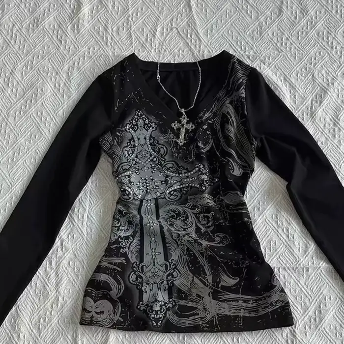 Dámske hip hop 90s vintage punk tričko jeseň streetwear sexy krátky rukáv gotické štíhle krátke top hotgirl dekorácia