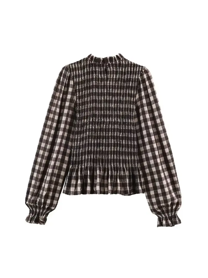 Nlzgmsj 2025 Vintage Chic hnedá kockovaná košeľa pre ženy s dlhým rukávom Blúzka s riasením ležérny elegantný top