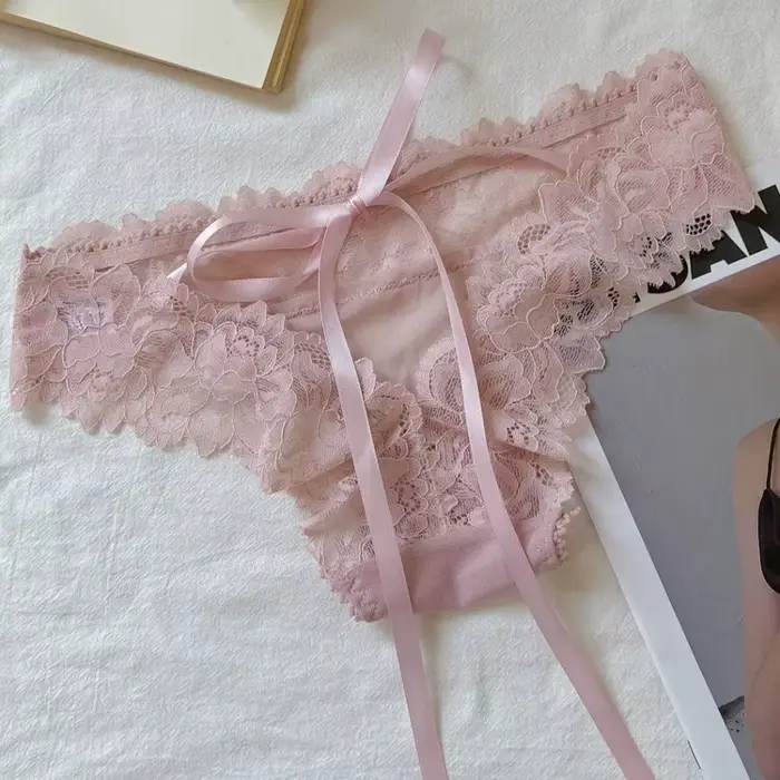 Culottes en dentelle à nœud et fleurs, sans couture, taille basse, en maille transparente, avec lace
