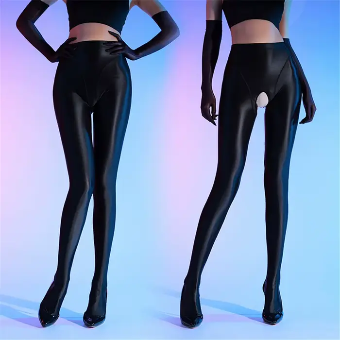 Sexy femmes 80D ouvert entrejambe transparent voir à travers l'huile brillant bas Sexy serré Yoga ba