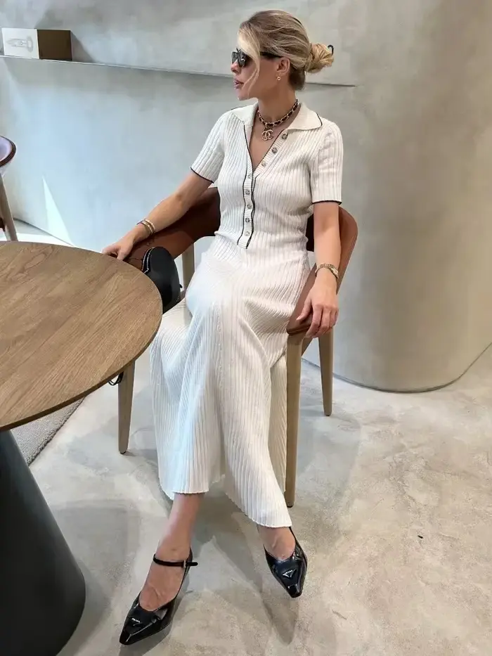 Tossy biele pletené módne maxi šaty pre ženy s krátkymi rukávmi Patchwork elegantné večerné