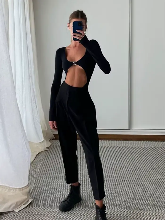 body sexy trblietky polyester pre ženy, dlhé rukávy, čierna, trend jarné leto, spodná bielizeň slim fit, pletené