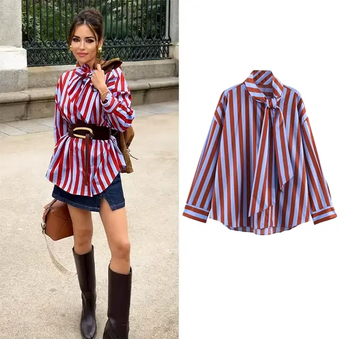 Nouvelle Blouse Chic pour Femme, Style Festival de Musique, Coupe Ample, Rayée, avec Nœud, Simple Bo