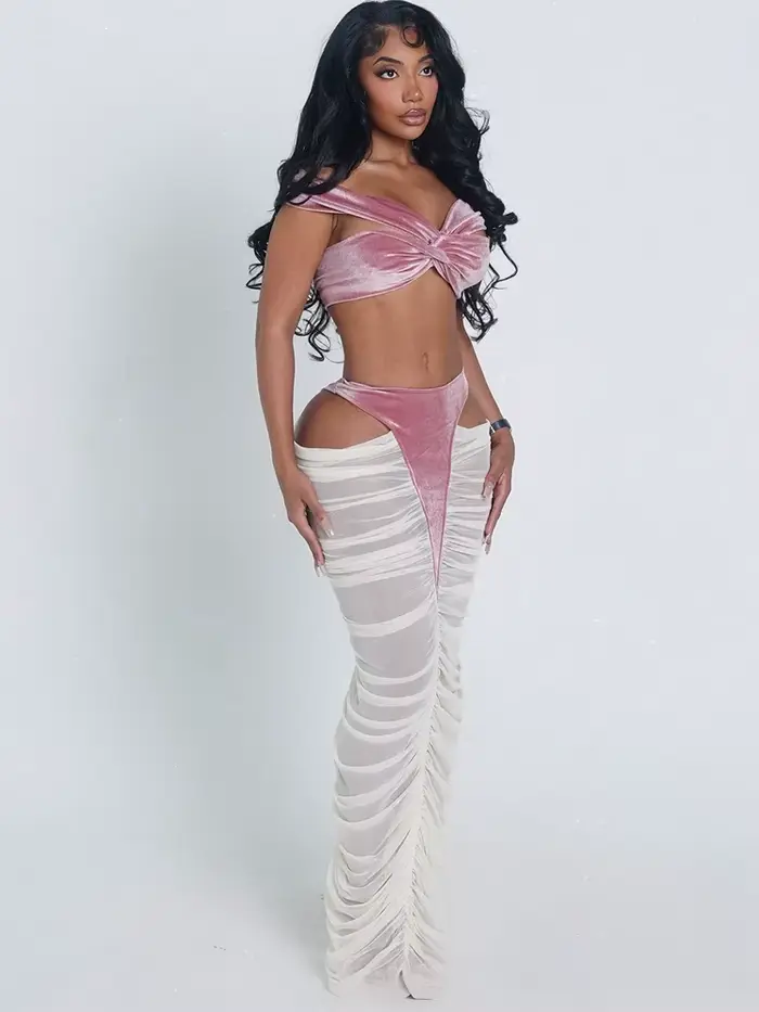 Kliou Sexy Módny 2-dielny Set pre Ženy Zamatový Kríž Kink Tielko + Prázdny Dizajn Nariasené Dlhé Sukne Klub