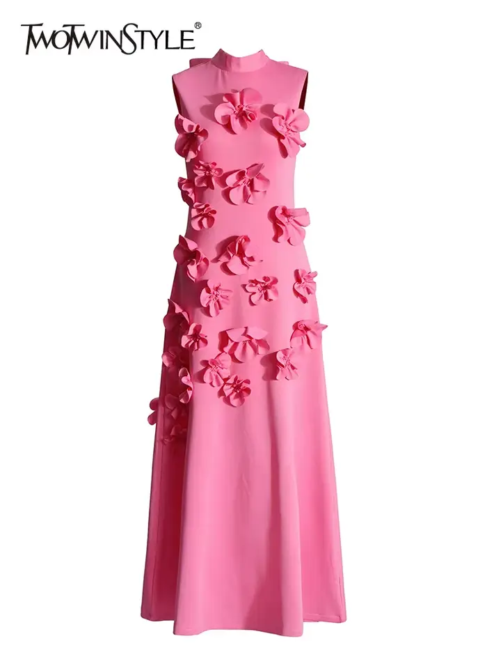 TWOTWINSTYLE – robe longue élégante avec des Appliques épissées pour femmes, col montant, sans manch