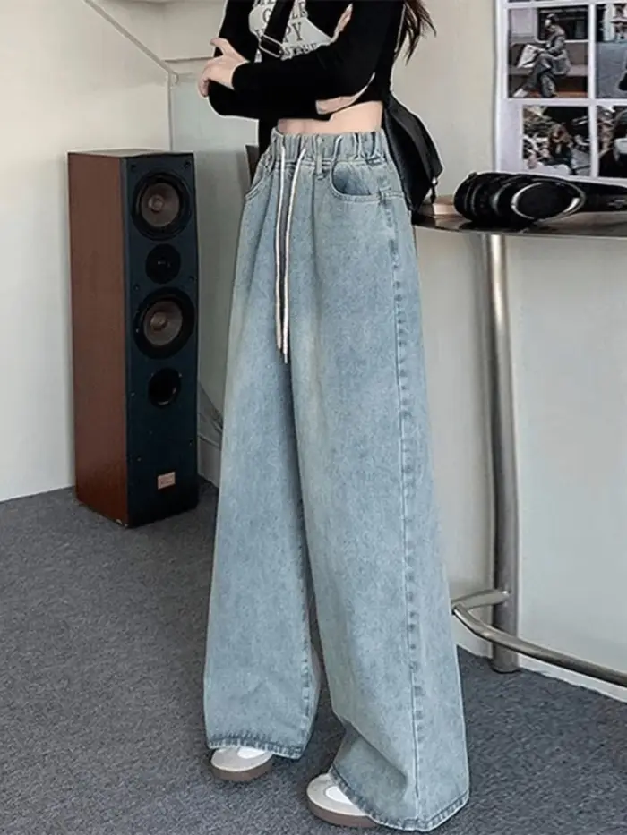 Botvotee vysoký pás široký strih džínsy pre ženy voľné rovné modré dlhé Denim nohavice
