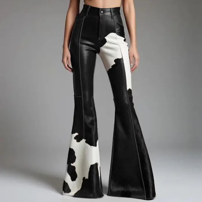 Pantalon évasé en cuir PU à motif vache pour femme, taille haute, pantalon slim en simili cuir, mode