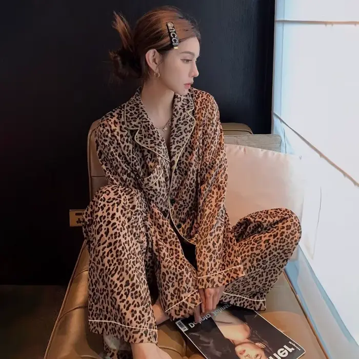 Módne pyžamo Leopard Print pre ženy, Sleepwear s dlhým rukávom, európske a americké domáce oblečenie pre dievčatá