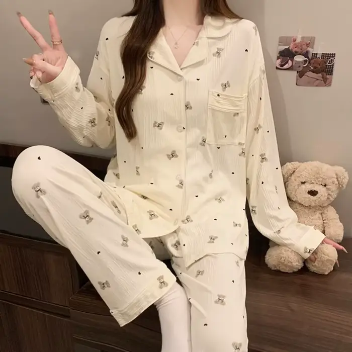 Pyjama coréen style ours en peluche à volants en forme de cœur pour femme, ensemble trois pièces hau