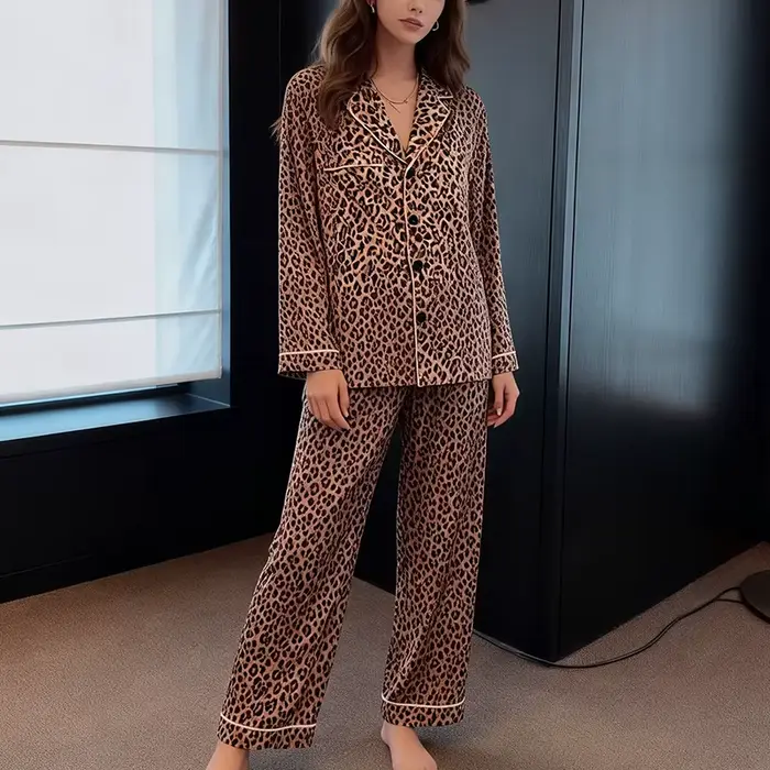 Módne pyžamo Leopard Print pre ženy, Sleepwear s dlhým rukávom, európske a americké domáce oblečenie pre dievčatá