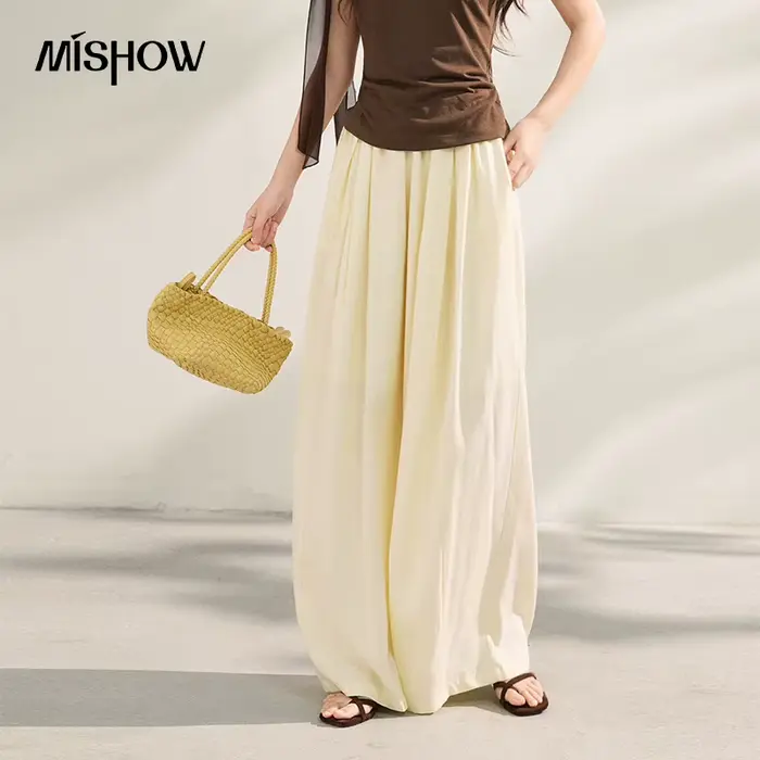 MISHOW Lyocell Nouveau pantalon décontracté pour femme, large, plissé, fluide, amincissant, longueur
