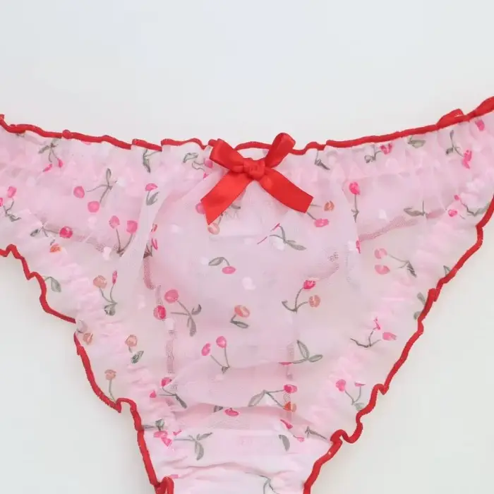 Sissy rose cerise mousseline de soie mignon string femmes taille moyenne nœud transparent érotique t