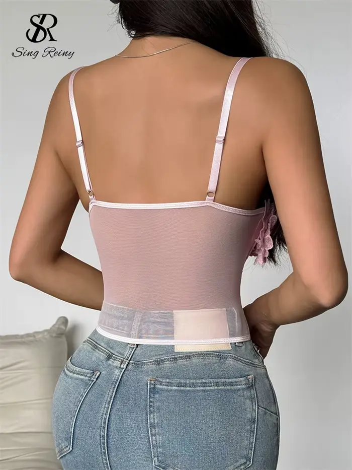 SINGREINY čistá gáza 3D kvety Korzet ženy ružová Sexy popruhy tenké high fashion Streetwear dámy krátke francúzske Chic Sweet Camis