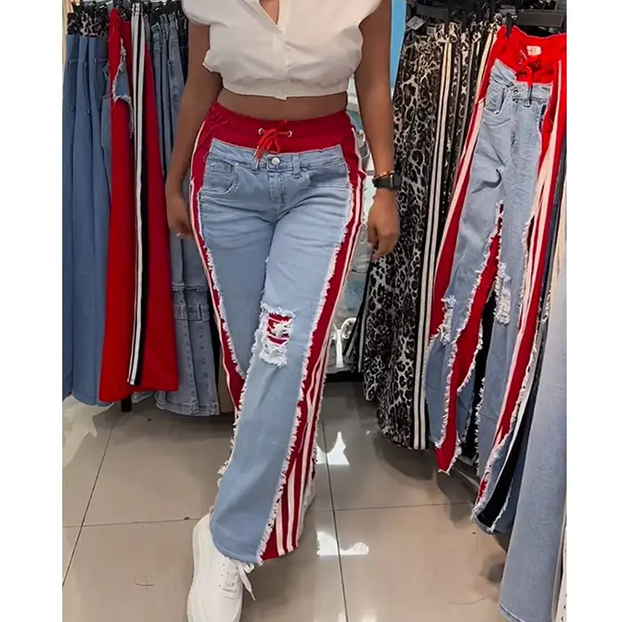 Dámske dlhé džínsy s vysokým opasok a uzly na členky štýl streetwear pre všetky ročné obdobia špeciálne príležitosti
