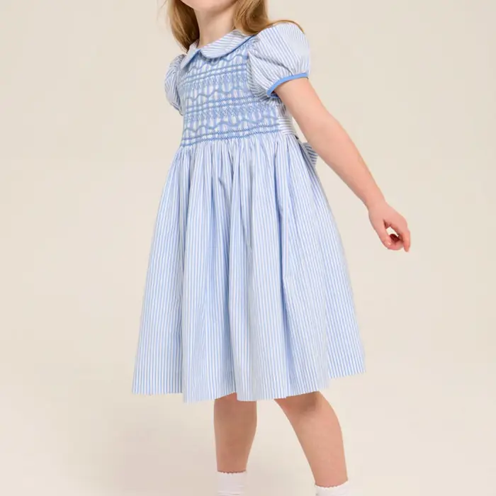 Robe à rayures bleues et blanches pour filles, col Peter Pan smocké à la main, manches courtes, vête