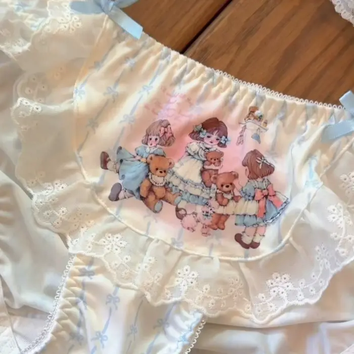 Culottes Quotidiennes à Imprimé Poupée et Nœud, Culottes Kawaii en Dentelle Style Lolita, Culottes à Entrejambe en Coton, Culottes à Volants Douces en Fibre de Lait pour Fille