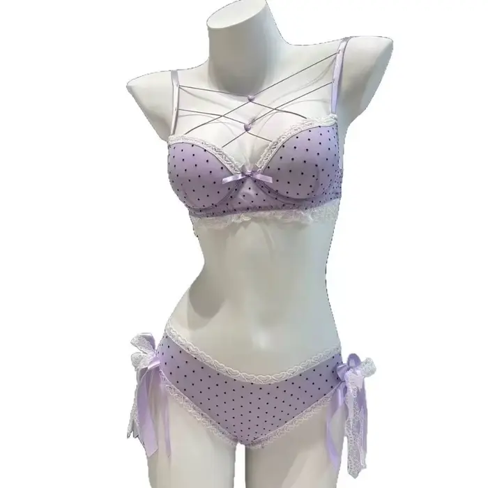 Ensemble soutien-gorge et culotte en dentelle à pois avec nœuds, lingerie sexy push-up pour femme