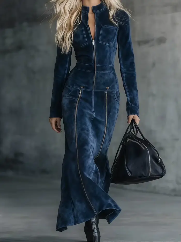 Robe longue moulante en suède à manches longues pour femme, style vintage, unie, avec fermeture écla
