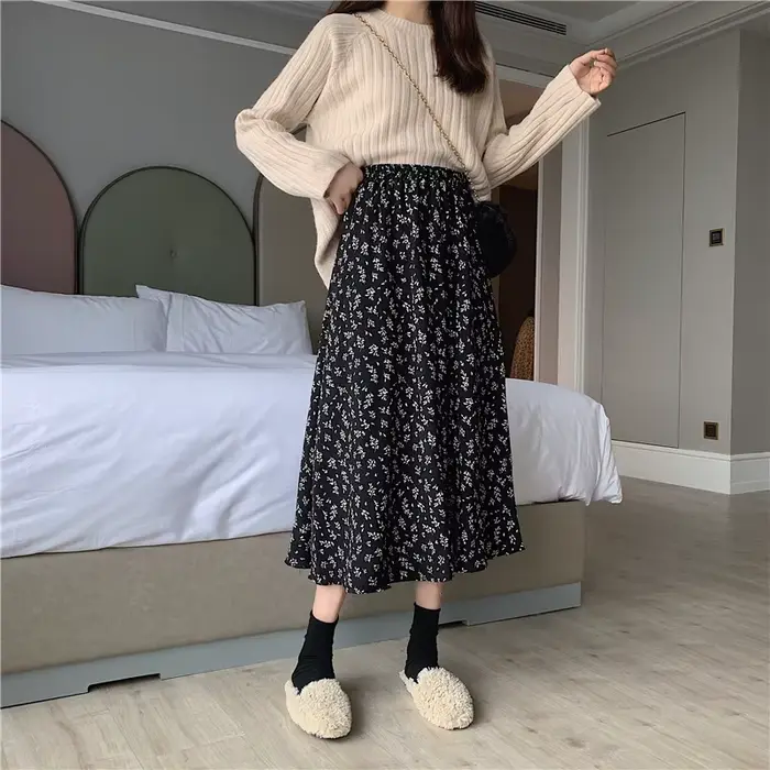 Jupe longue plissée Vintage à imprimé Floral, ligne a, jupe coréenne pour femmes, Streetwear, cordon