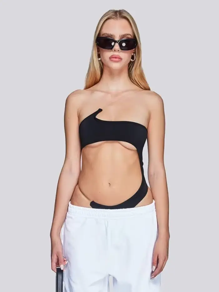 Sexy asymetrické body, spodná bielizeň prelamované, Dámske čierne topy, Beachwear, Super krátky, jeden kus, Bodycon