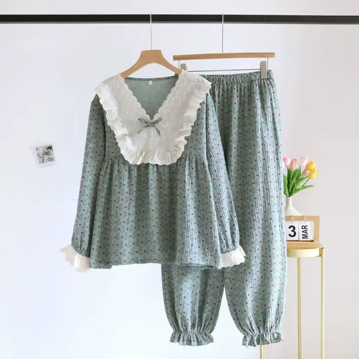 Princesse Cottagecore pyjama ensemble femmes Vintage dentelle col vêtements de nuit mignon coeur imprimé crêpe coton vêtements de détente 2 pièces coton doux