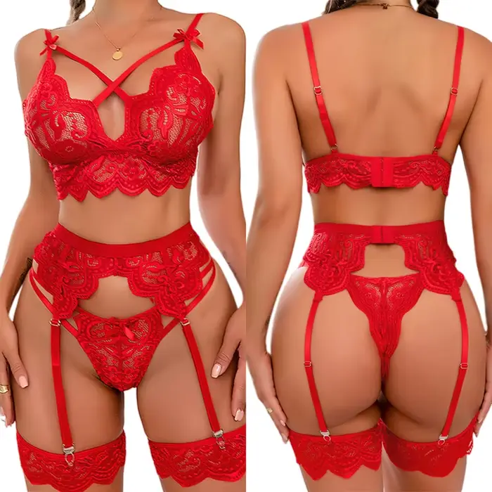 Sexy erotická bielizeň pre ženu, podprsenka a podväzky, 3 kusy, priehľadná, veľká veľkosť, na leto