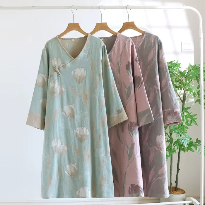 nočná košeľa v čistom bavlnenom farbenom vlákne Čínsky štýl pre ženy, relaxačné oblečenie v jemnej gáze, retro, s dlhými rukávmi, v-neck, voľné, jeseň