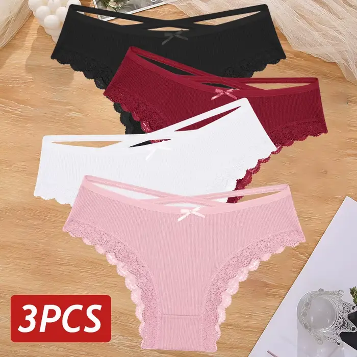 3 kusy / set Dámske bavlnené nohavičky Sexy nízke páse čipky brazílske nohavičky duté von mäkké priedušné spodné prádlo žena luk spodná bielizeň S-XL