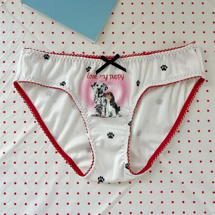 Lolita tlačené šteňatá a mačiatka, mačka Paw vzorované Ice hodvábne nohavičky, bavlnené nohavičky s bavlneným rozkrokom, Kawaii vzorované psie nohavičky pre dievča