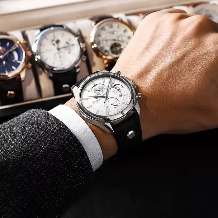 POEDAGAR luxusné pánske náramkové hodinky chronograf dátum vodotesné kožené